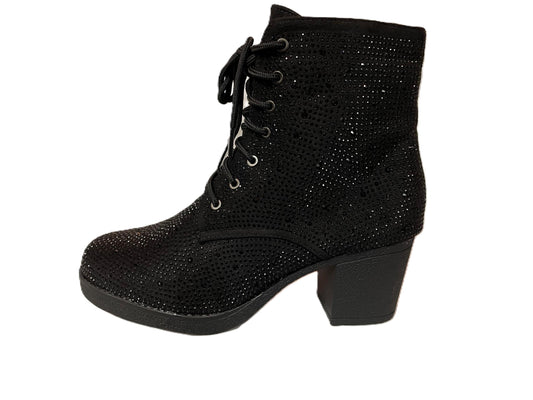 Atalina Rhinestone Boot -Sparkly Rhinestone Ankle Boots | Lace-Up Block Heel Booties | Glam Combat Style Shoes for Women |