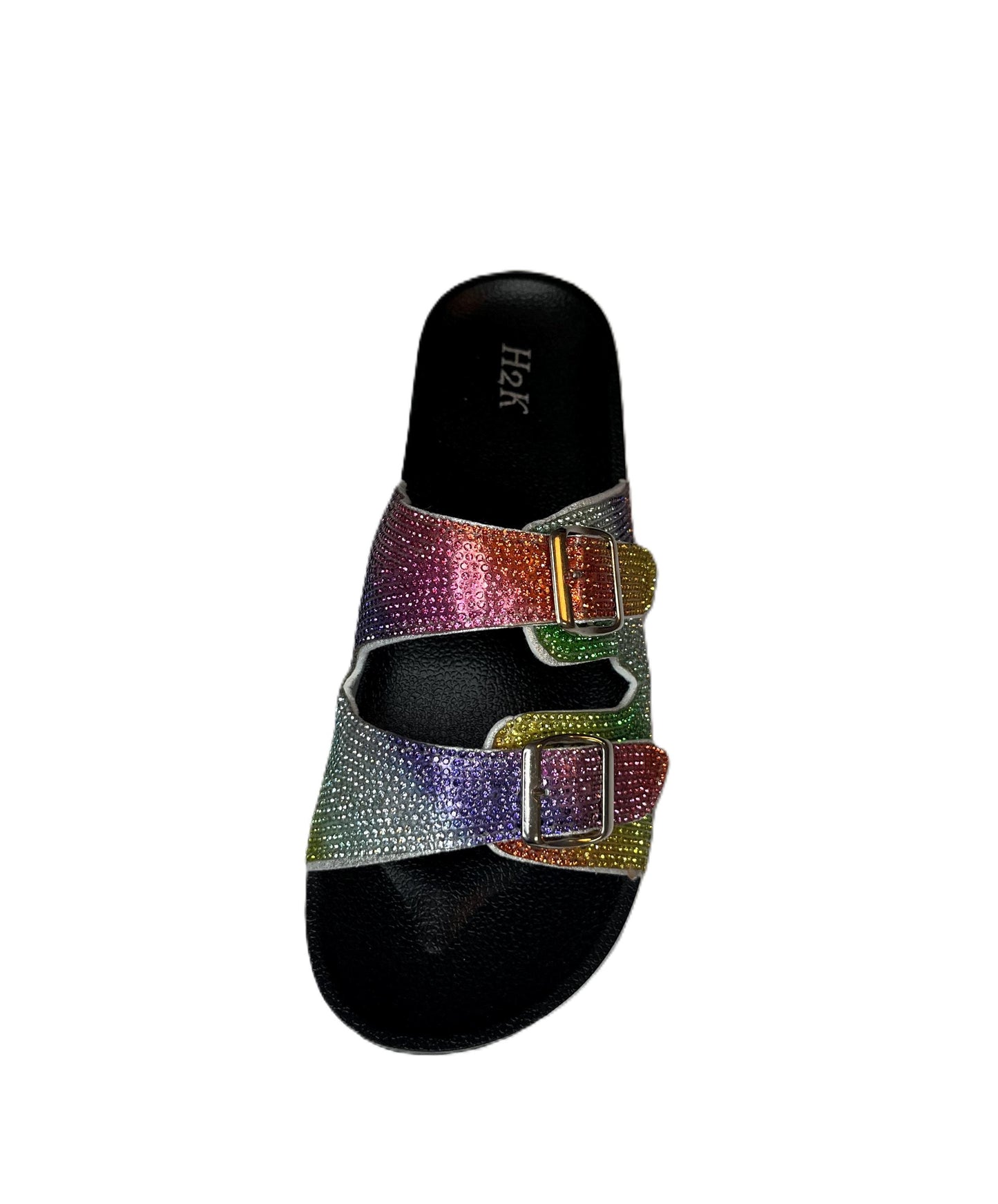 Womens Rhinestone Double Strap Buckle Sandal Slide