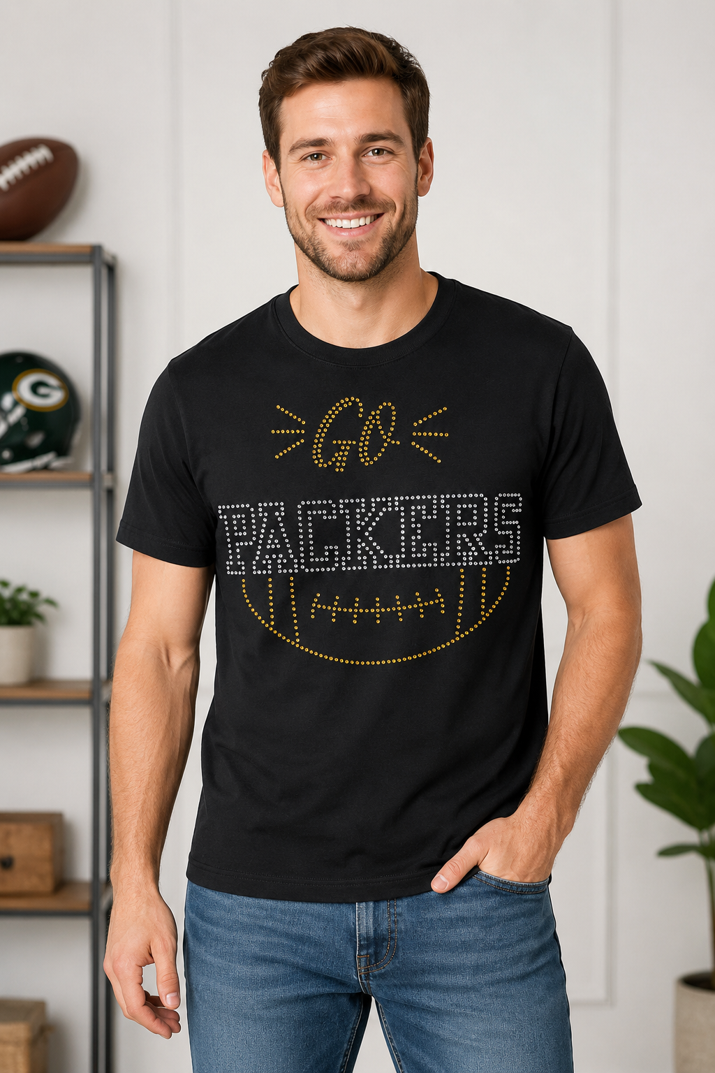 Green Bay Rhinestone Football T-Shirt