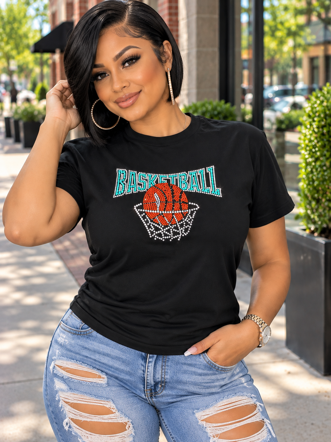 Rhinestone Basketball Graphic T-Shirt