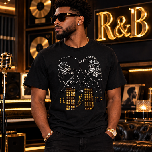 R&B Tour Gold Rhinestone Graphic T-Shirt