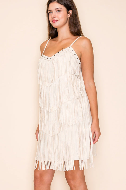 Solid Color Fringe Layered Mini Dress