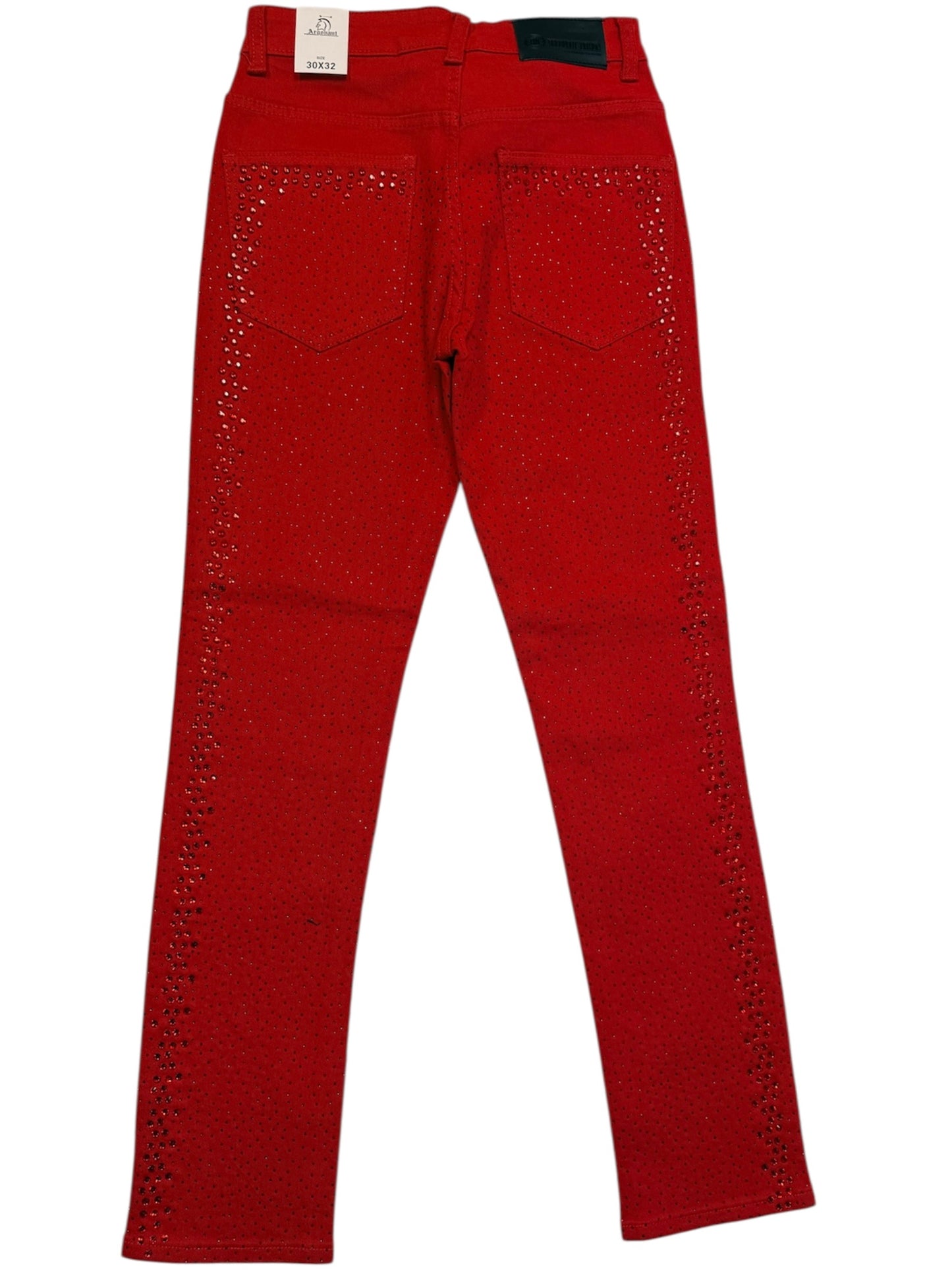 Men’s Rhinestone Studded Denim Jeans – Black & Red Slim Fit