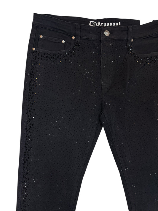 Men’s Rhinestone Studded Denim Jeans – Black & Red Slim Fit