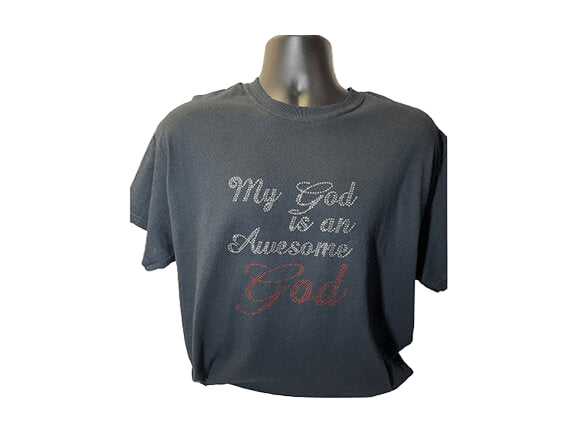 Gildan My God is an Awesome God: Silver Rhinestones with God in Red Rhinestones Tee