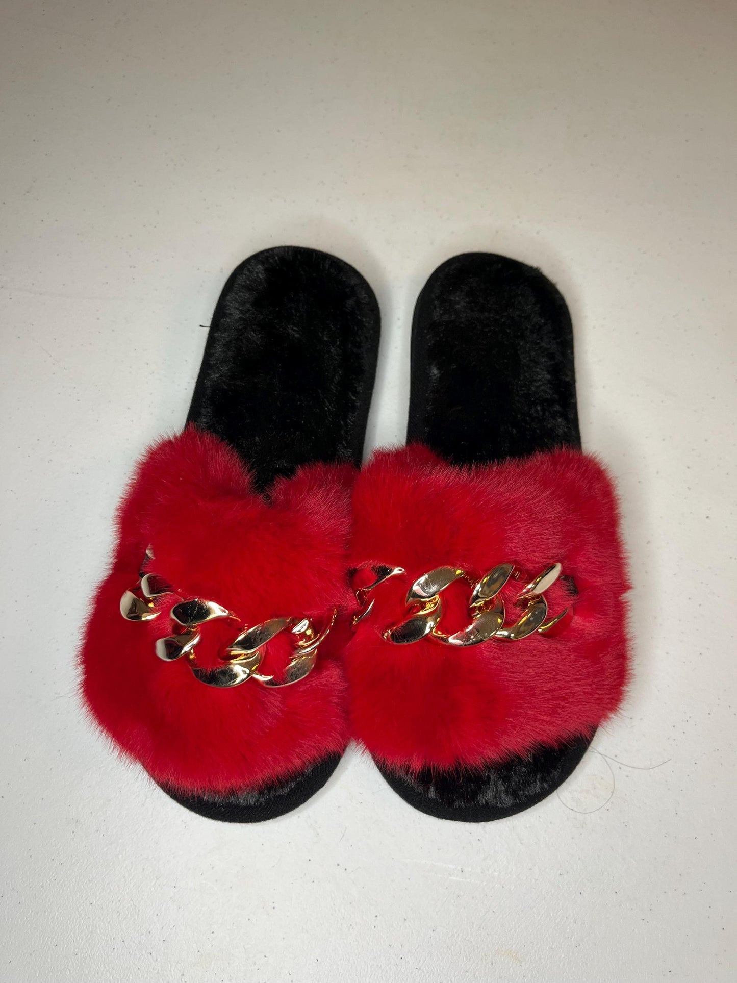 Fur Slides Gold Chain Sandals