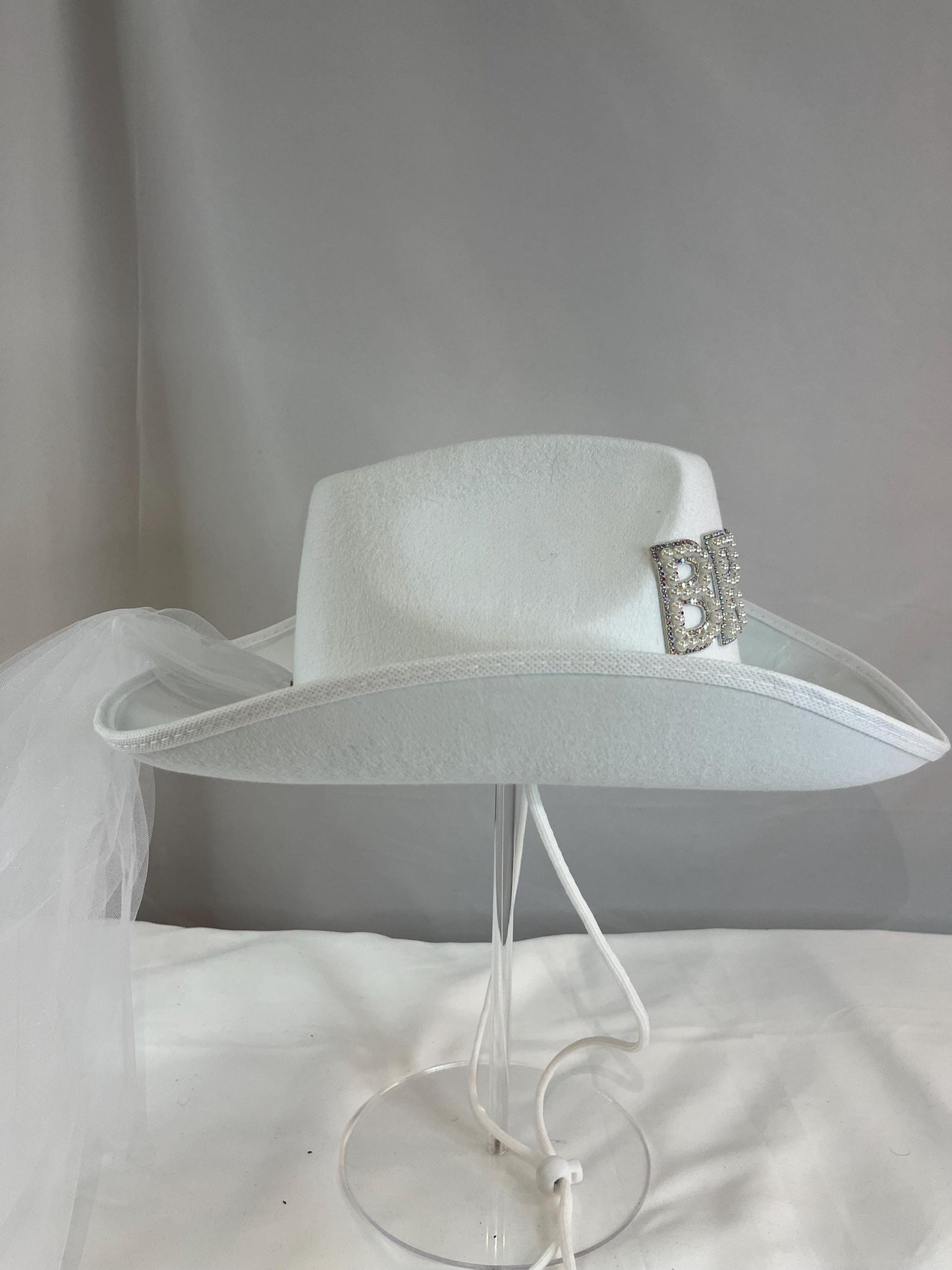 Cowboy Hat with Crystal 'BRIDE' Letters, Rhinestone Trim, and Tulle Veil Attachment