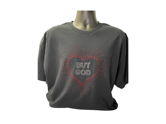 Gildan Silver “But God” with Red Scattered Heart in Rhinestones