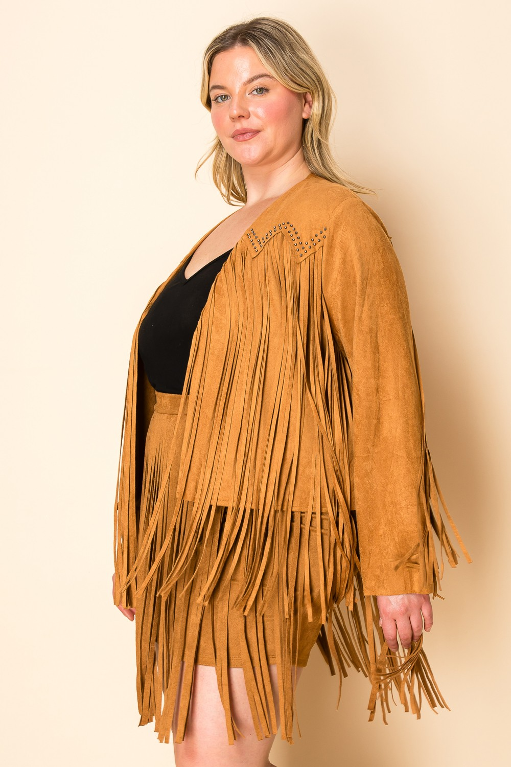 Women’s Western Fringe Suede Jacket with Stud Detail – Boho