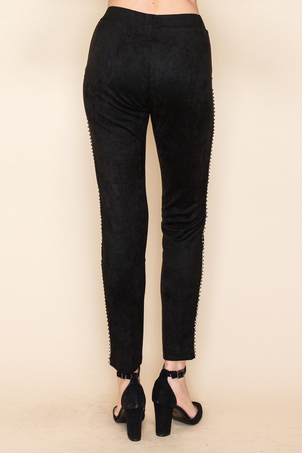 Black Suede Slim-Fit Pants with Studded Detail