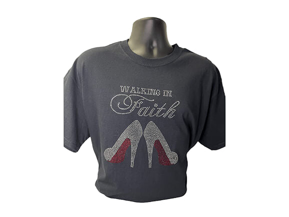 Gildan Walking In Faith: Silver Rhinestone with Red Bottom Shoes