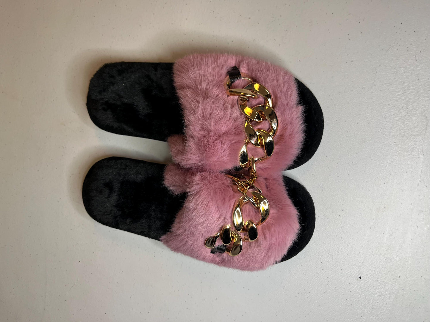 Fur Slides Gold Chain Sandals