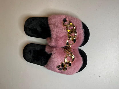 Fur Slides Gold Chain Sandals