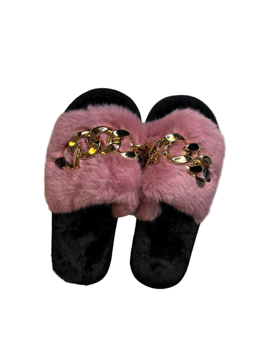 Fur Slides Gold Chain Sandals