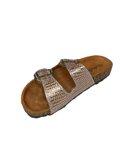 Atalina Double Buckle Sandals - Sparkly Rhinestone Slide Sandals for Women | Glam Summer Slip On Sandals | Glitter Buckle Sandals