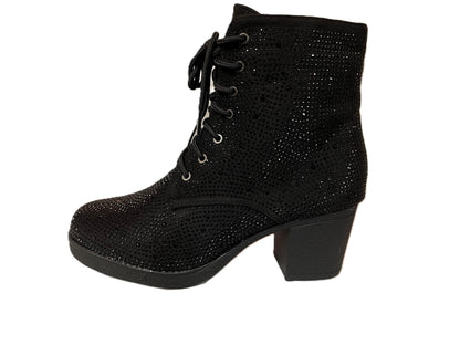 Atalina Rhinestone Boot -Sparkly Rhinestone Ankle Boots | Lace-Up Block Heel Booties | Glam Combat Style Shoes for Women |