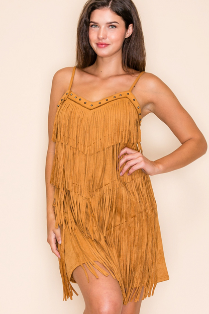 Solid Color Fringe Layered Mini Dress
