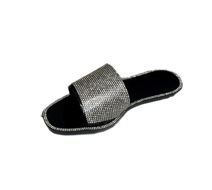Dazzle Summer Sandals Rhinestone Slide Sandals for Women – Sparkly Glam Flats, Bling Slip-On Summer Shoes, Crystal Embellished Sandals