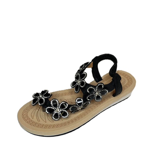 Girls Rhinestone Flower Sandals – Sparkly Summer Shoes for Kids | Toddler & Little Girl Flat Sandals with Elastic Strap