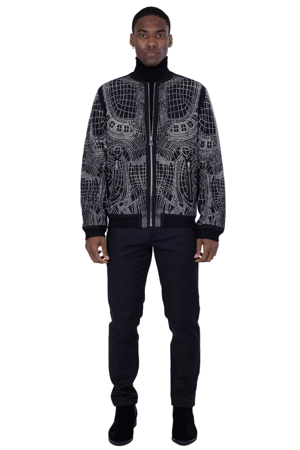 Men’s Black Rhinestone Bomber Jacket – Luxury Geometric Sparkle – Party / Stage / Designer Statement Wear