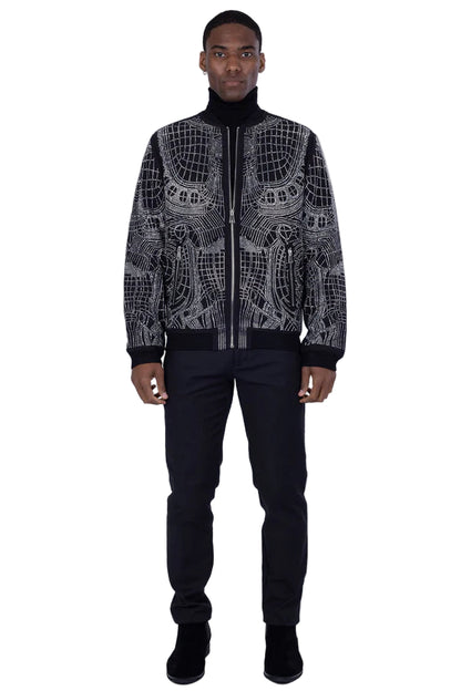 Men’s Black Rhinestone Bomber Jacket – Luxury Geometric Sparkle – Party / Stage / Designer Statement Wear
