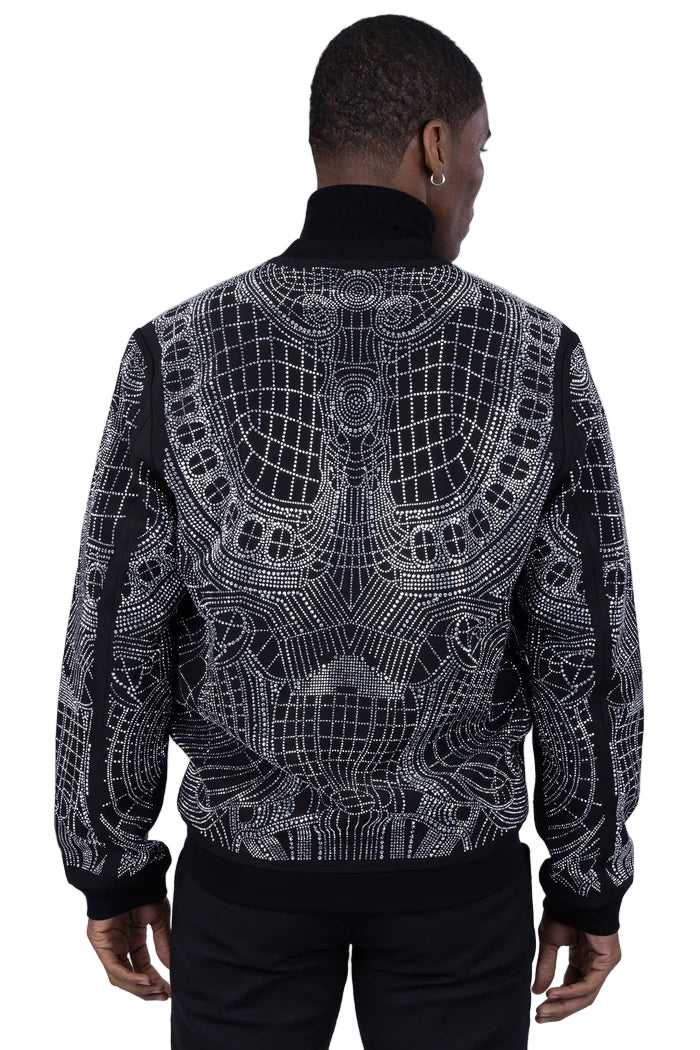 Men’s Black Rhinestone Bomber Jacket – Luxury Geometric Sparkle – Party / Stage / Designer Statement Wear