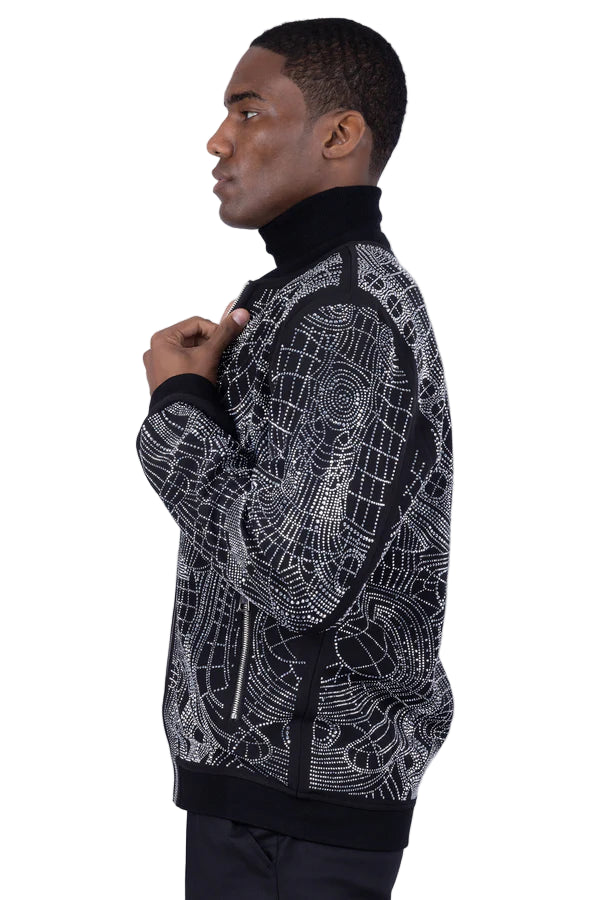 Men’s Black Rhinestone Bomber Jacket – Luxury Geometric Sparkle – Party / Stage / Designer Statement Wear