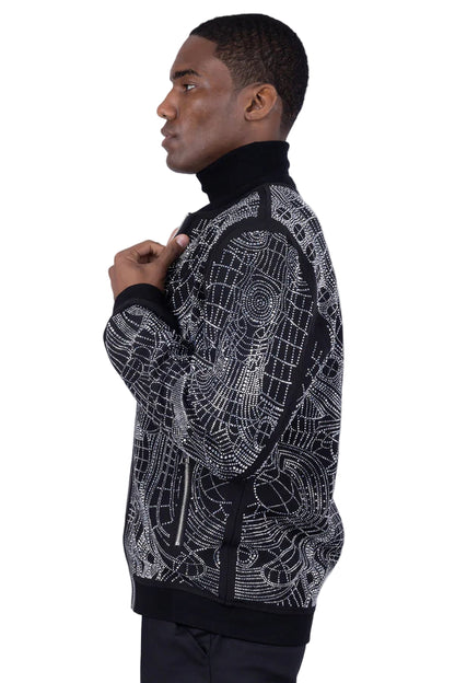 Men’s Black Rhinestone Bomber Jacket – Luxury Geometric Sparkle – Party / Stage / Designer Statement Wear
