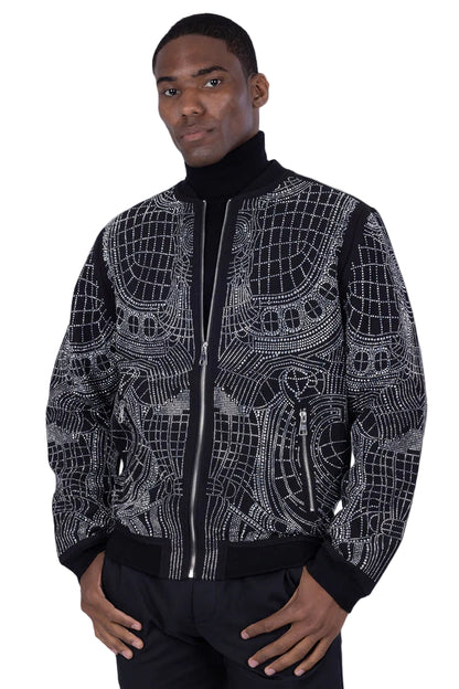 Men’s Black Rhinestone Bomber Jacket – Luxury Geometric Sparkle – Party / Stage / Designer Statement Wear