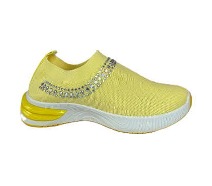 Adult Women's Walking Platform Sneaker - Yellow Rhinestone Slip-On Sneakers | White Women’s Sparkly Knit Walking Shoes | Lightweight Bling