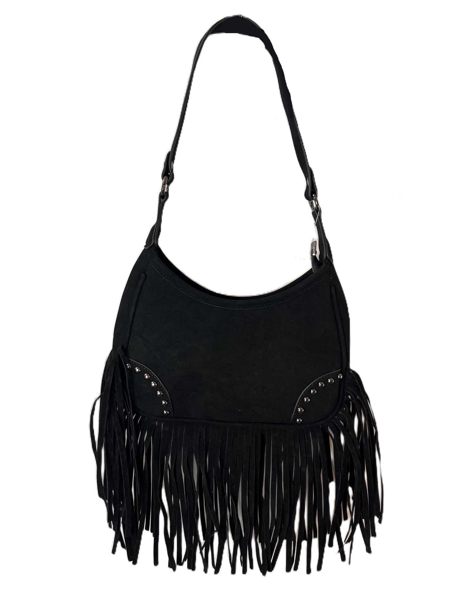 Western Fringe Suede Shoulder Bag | Black & Brown Studded Boho Purse | Cowgirl Festival Crossbody | Bohemian Hobo Bag | Rodeo Outfit