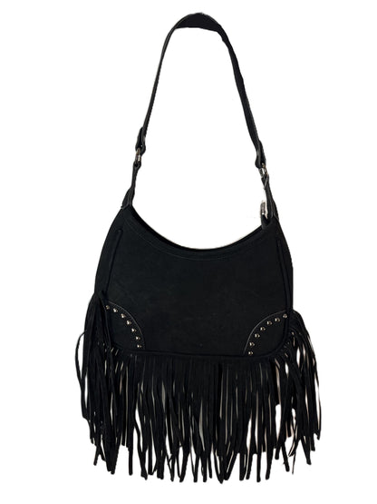 Western Fringe Suede Shoulder Bag | Black & Brown Studded Boho Purse | Cowgirl Festival Crossbody | Bohemian Hobo Bag | Rodeo Outfit