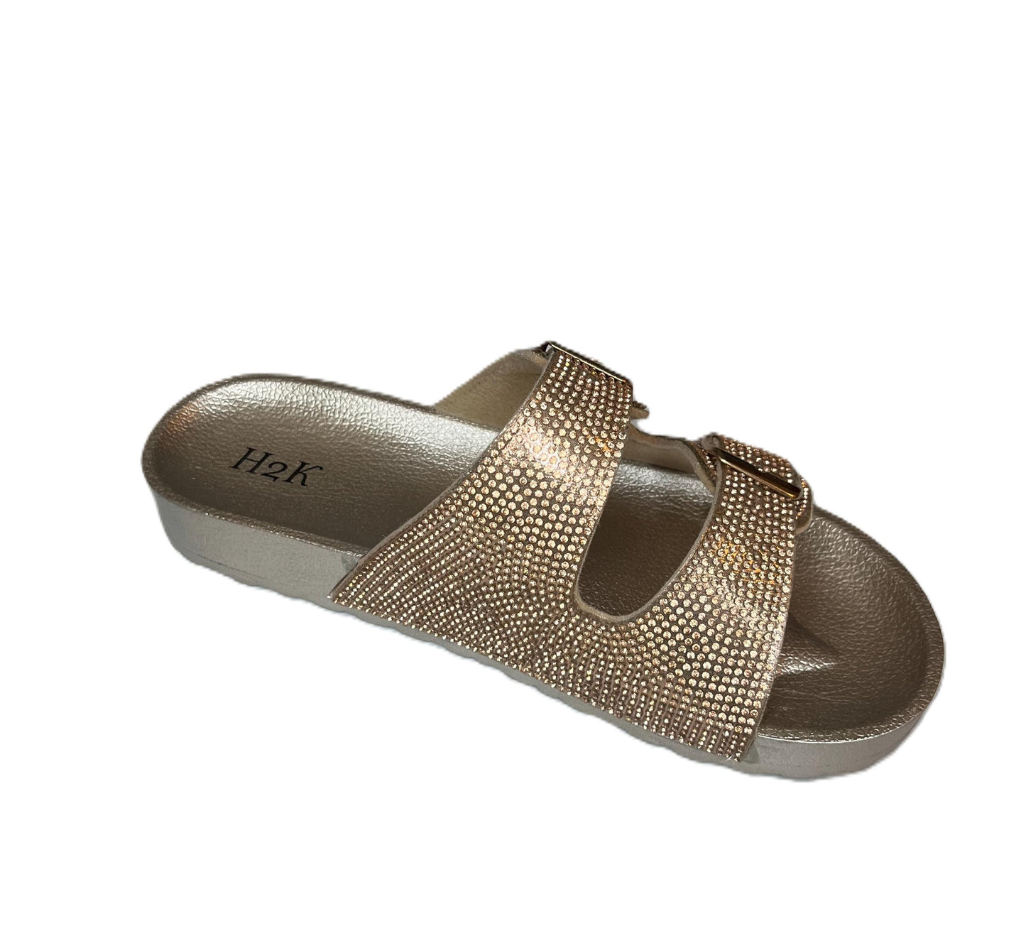 Womens Rhinestone Double Strap Buckle Sandal Slide