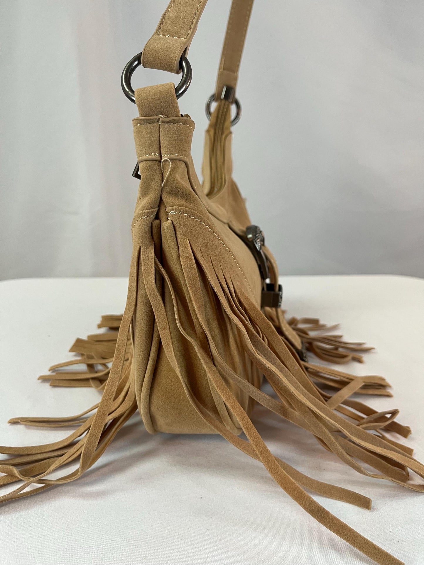 Boho Suede Fringe Shoulder Bag | Western Buckle Tan Leather Purse | Vintage Style Crossbody | Festival Bohemian Handbag | Cowgirl Gift