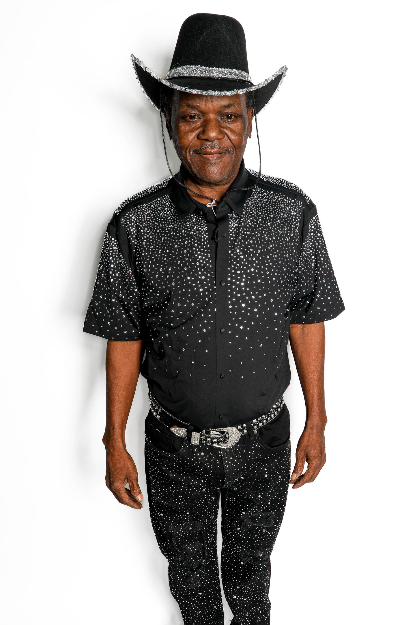 Men’s Rhinestone Studded Button-Down Shirt – Short Sleeve Statement Shirt | Studded Bling Shirt | Black Party Shirt | Vegas Wear