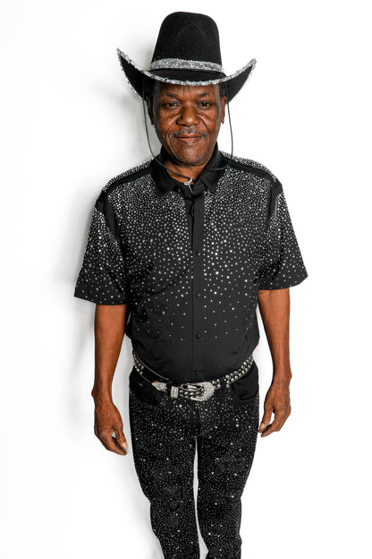 Men’s Rhinestone Studded Button-Down Shirt – Short Sleeve Statement Shirt | Studded Bling Shirt | Black Party Shirt | Vegas Wear