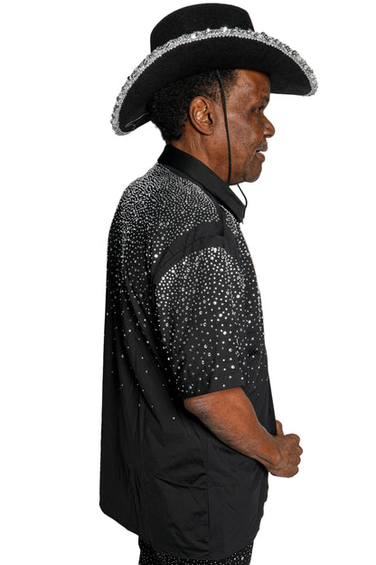 Men’s Rhinestone Studded Button-Down Shirt – Short Sleeve Statement Shirt | Studded Bling Shirt | Black Party Shirt | Vegas Wear