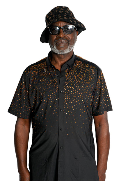Men’s Rhinestone Studded Button-Down Shirt – Short Sleeve Statement Shirt | Studded Bling Shirt | Black Party Shirt | Vegas Wear