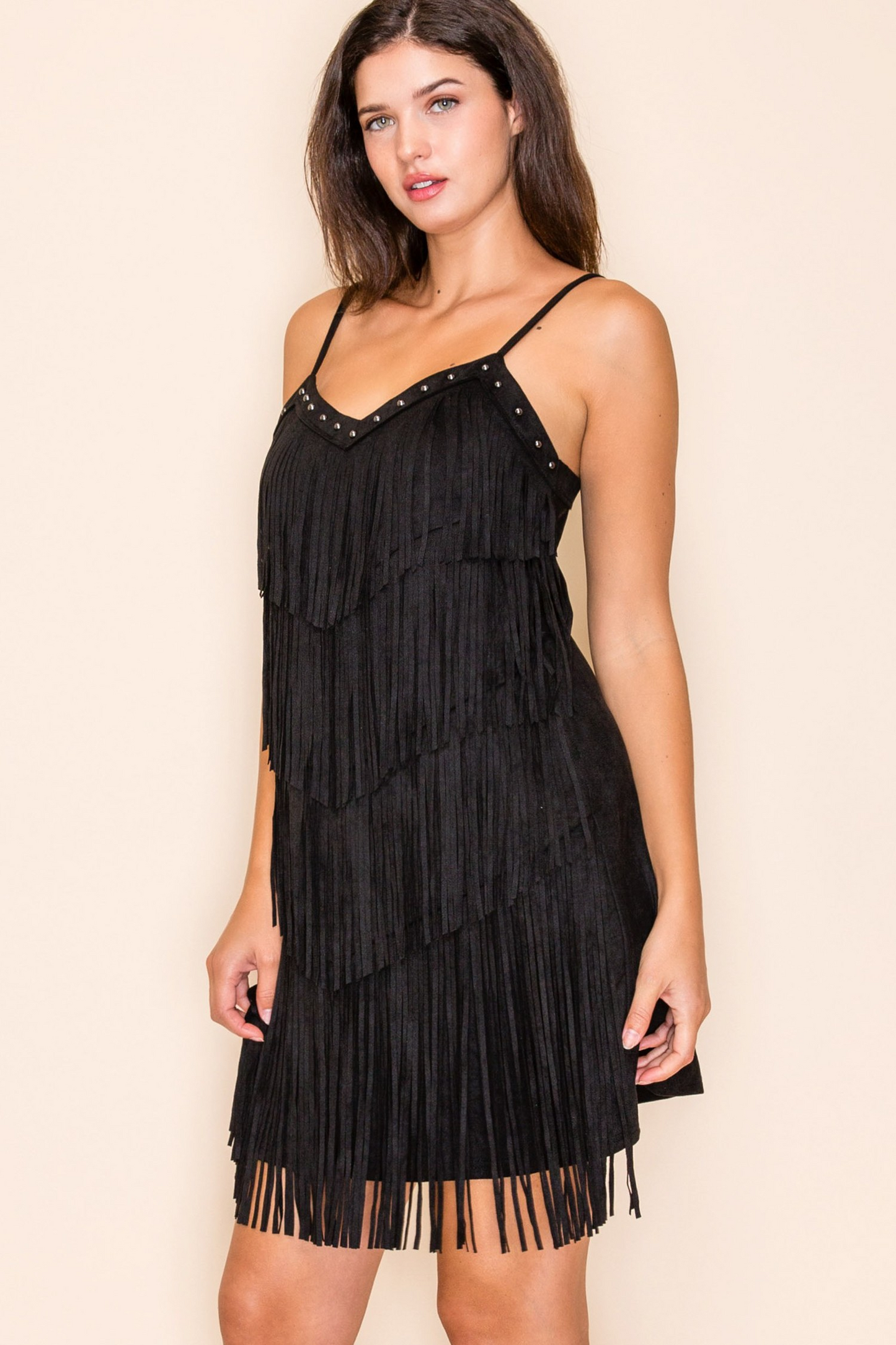 Solid Color Fringe Layered Mini Dress