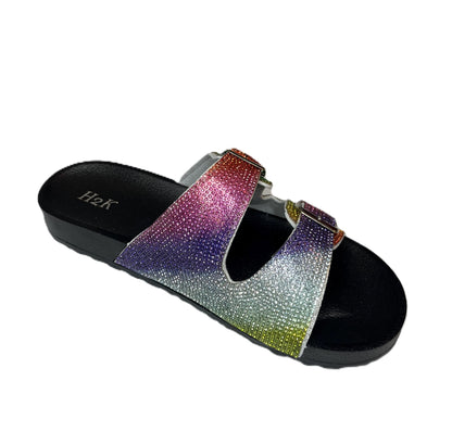 Womens Rhinestone Double Strap Buckle Sandal Slide