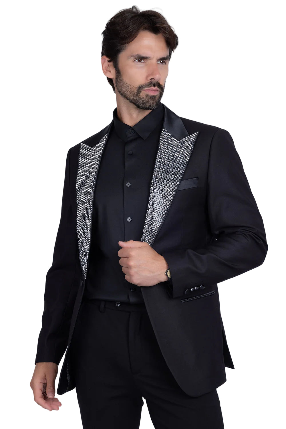 Halong Rhinestone Men’s Blazer – Black Peak Lapel Sequin Jacket, Slim Fit Formal Tuxedo, Luxury Statement Evening Wear
