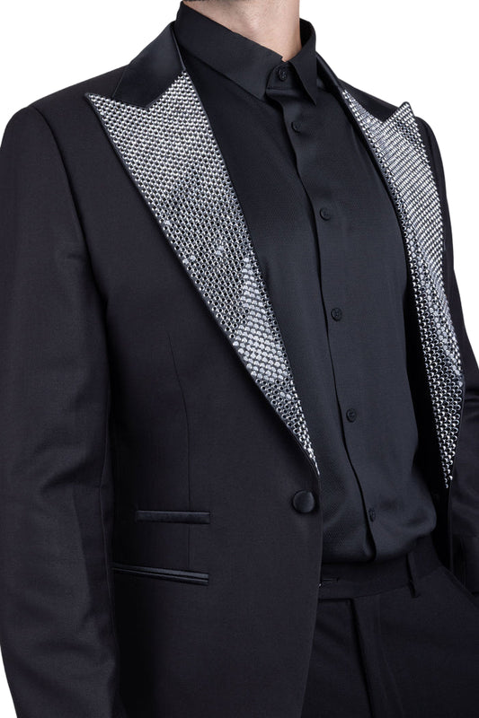Halong Rhinestone Men’s Blazer – Black Peak Lapel Sequin Jacket, Slim Fit Formal Tuxedo, Luxury Statement Evening Wear
