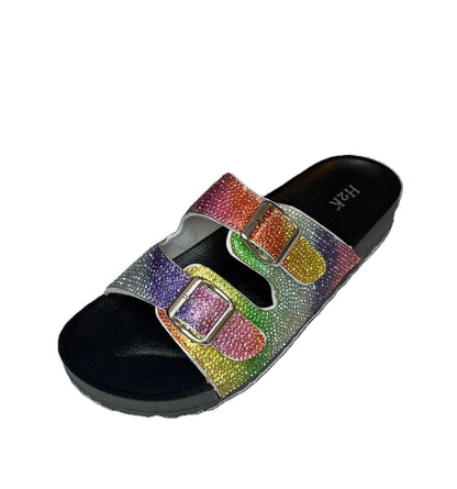 Womens Rhinestone Double Strap Buckle Sandal Slide