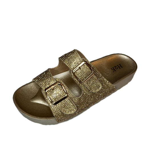 Womens Rhinestone Double Strap Buckle Sandal Slide