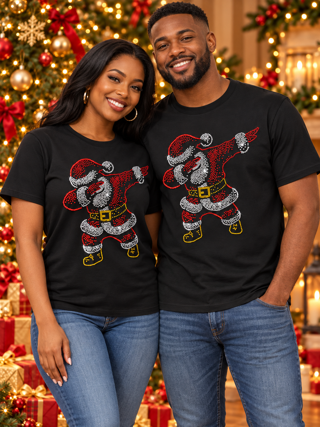 Dabbing Rhinestone Santa Graphic T-Shirt