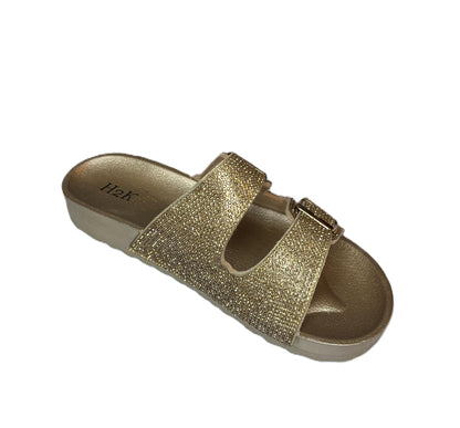 Womens Rhinestone Double Strap Buckle Sandal Slide
