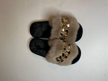 Fur Slides Gold Chain Sandals
