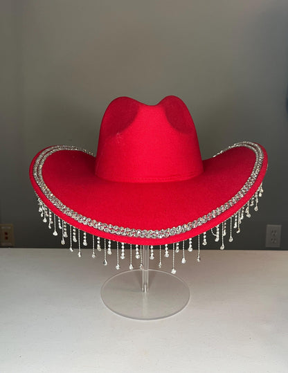 Red and Pink Rhinestone Cowgirl Hat with Fringe – Sparkly Western Cowboy Hat for Women – Rodeo, Bachelorette, Concert Glam Hat