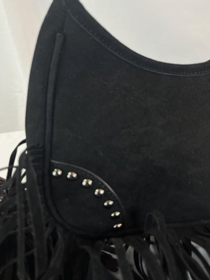 Western Fringe Suede Shoulder Bag | Black & Brown Studded Boho Purse | Cowgirl Festival Crossbody | Bohemian Hobo Bag | Rodeo Outfit