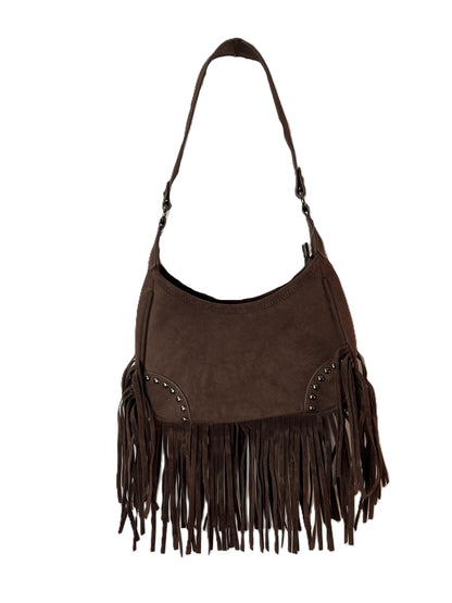 Western Fringe Suede Shoulder Bag | Black & Brown Studded Boho Purse | Cowgirl Festival Crossbody | Bohemian Hobo Bag | Rodeo Outfit